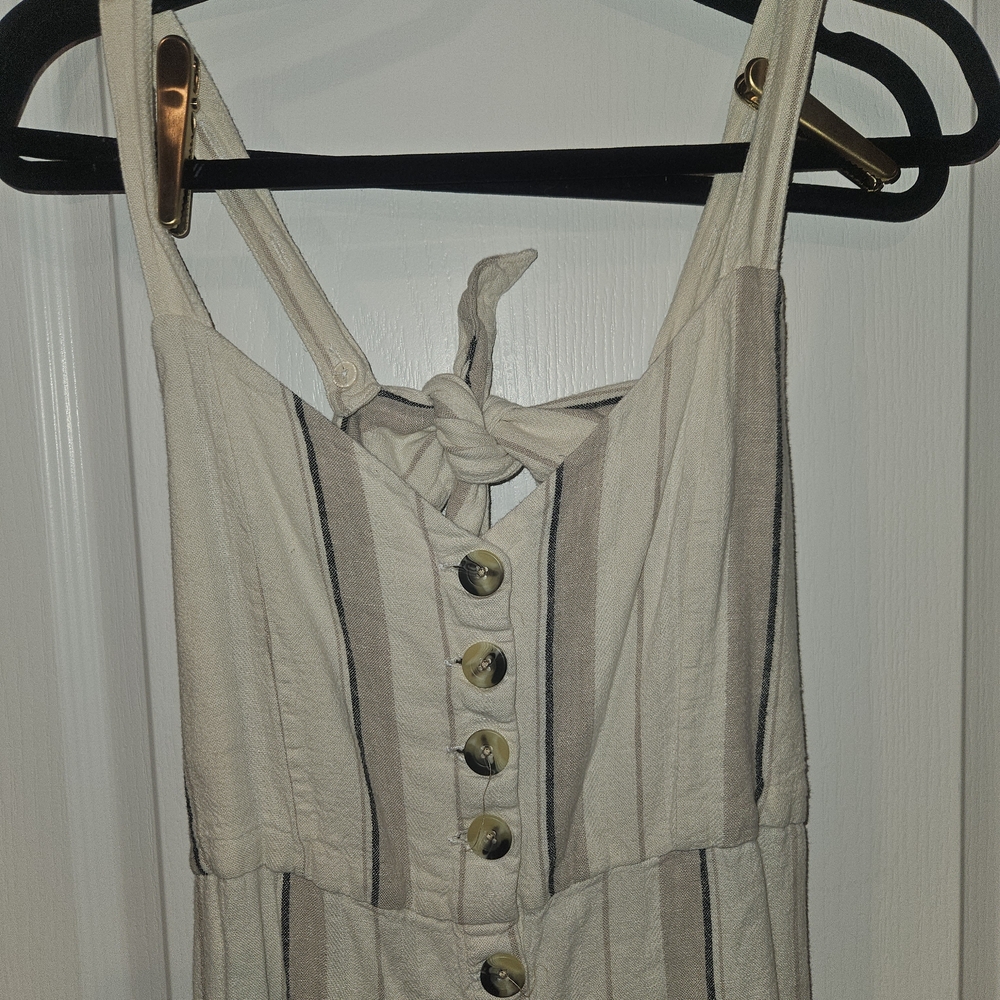 Indigo Rein Boho Beige and Black Striped Linen Blend Summer Jumpsuit Size Large - Picture 2 of 7